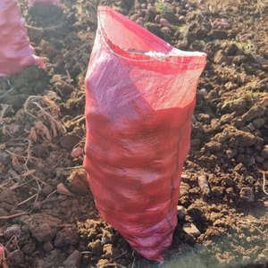 Red woven bags for packing potatoes